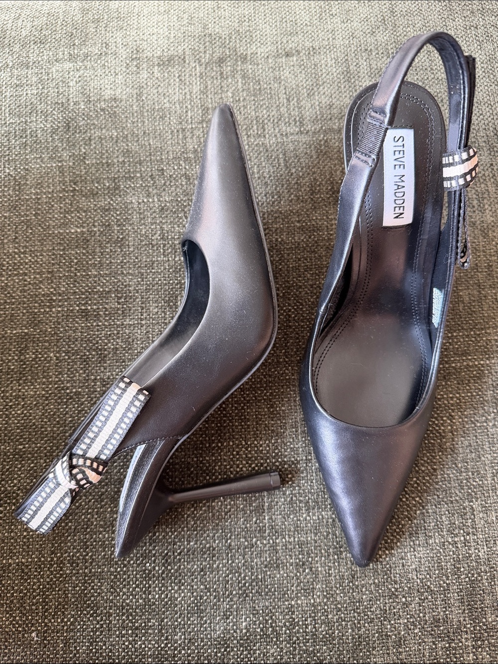 Steve Madden Black Pointed Slingback Heels with Striped Bow